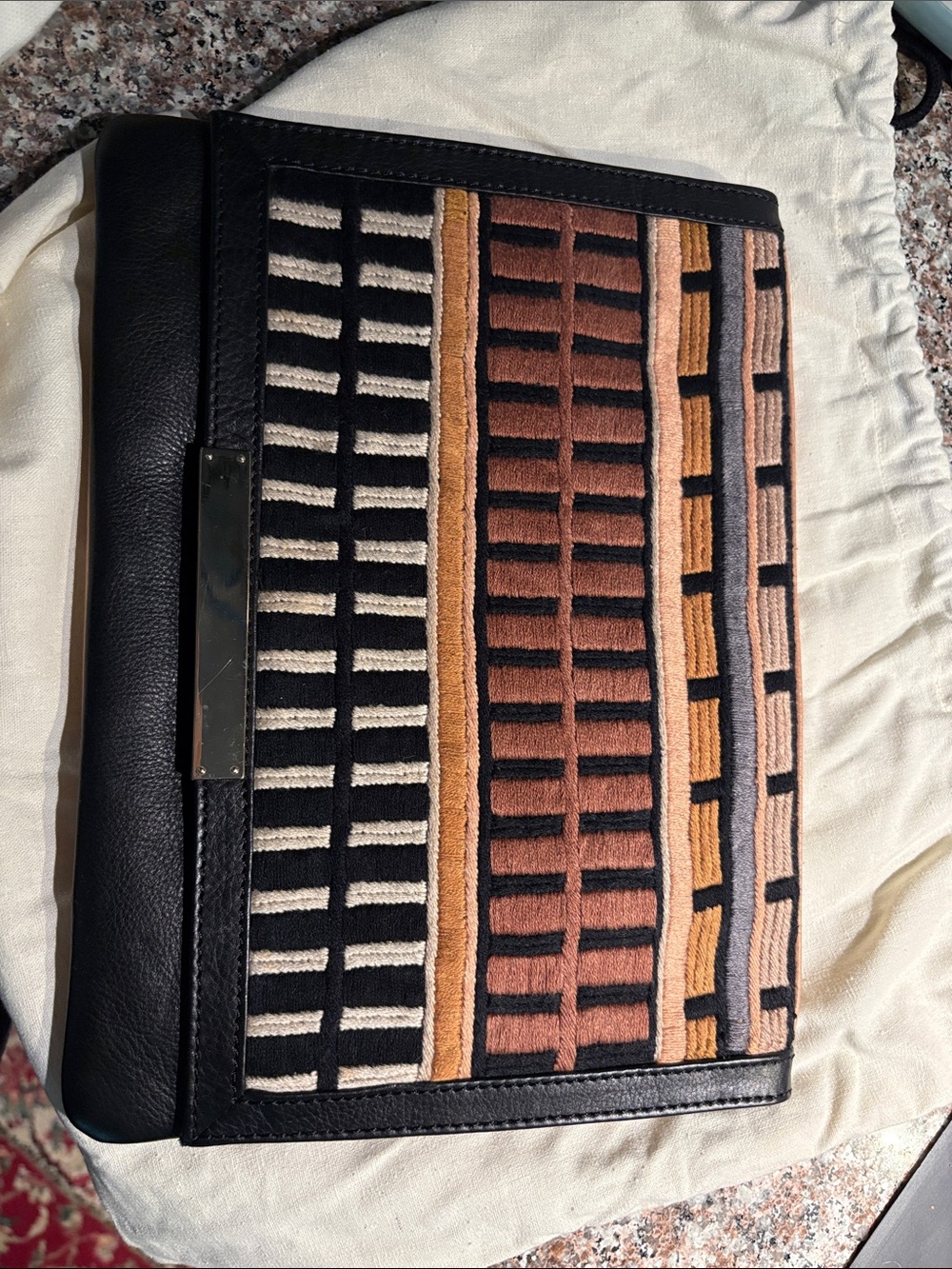 Woven Multicolor Stripe Leather-Trim Wristlet Clutch